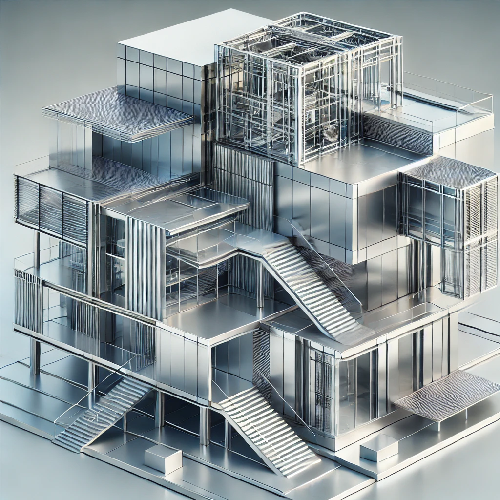 DALL·E 2024-10-14 13.05.23 - An image representing architecture using stainless steel. The design shows a sleek, modern building structure made of stainless steel, with clean line