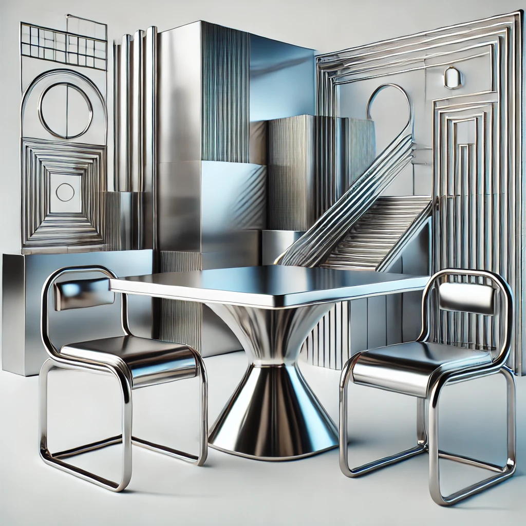 DALL·E 2024-10-14 13.05.25 - An image representing furniture using stainless steel. The design shows modern, sleek furniture pieces like a table and chairs made from stainless ste